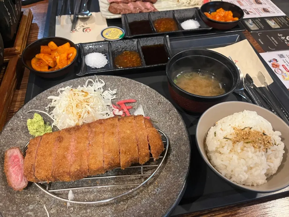 Gyukatsu set with rice, soup, salad, and sauces