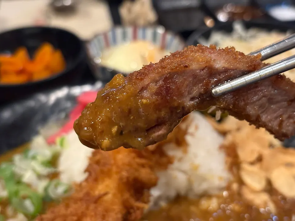 카레소스에 찍어 먹는 규카츠 한 조각