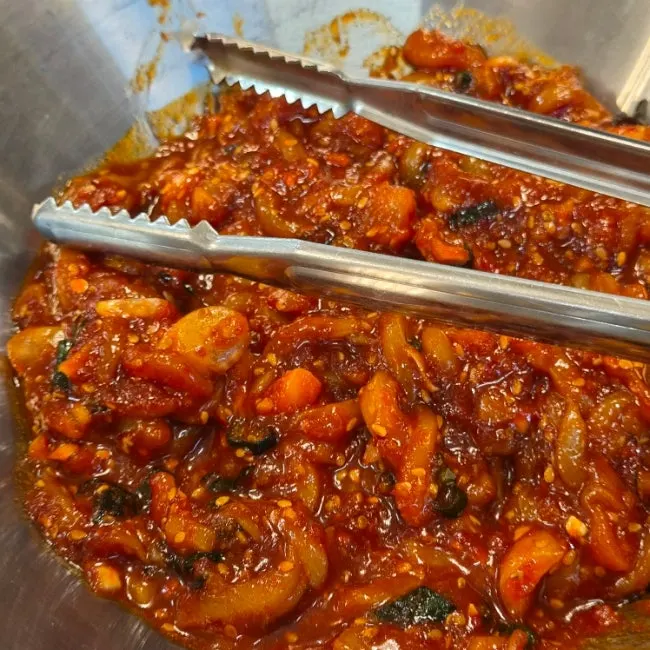A bowl of nakji jeotgal (salted octopus)