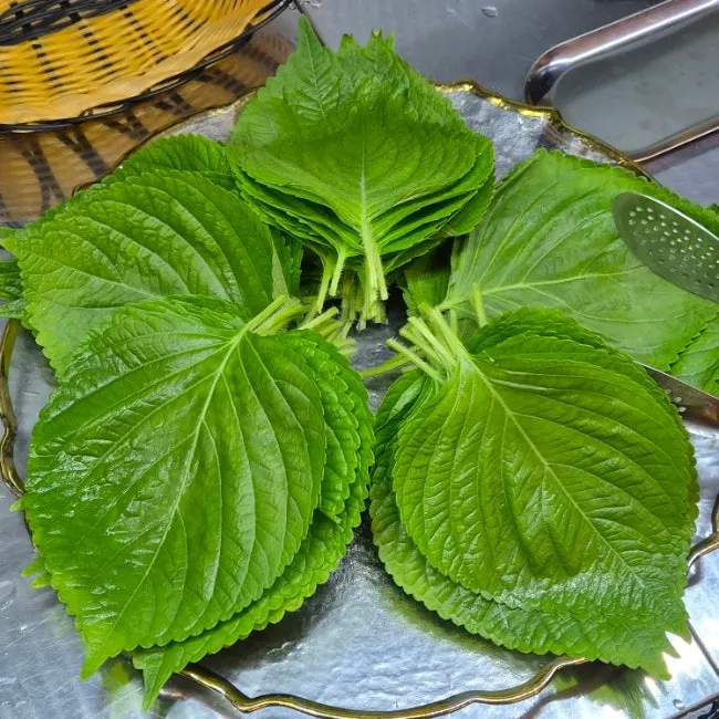 A plate of lettuce and perilla leaf ssam vegetables