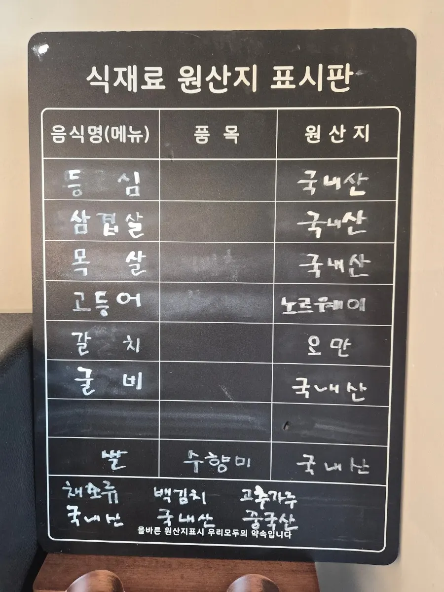 Ingredient origin display board at Hwadamga