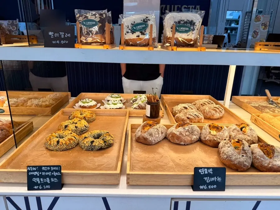 Various types of bread displayed on shelves