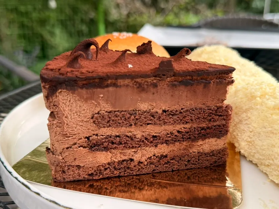 A slice of dense choco cake