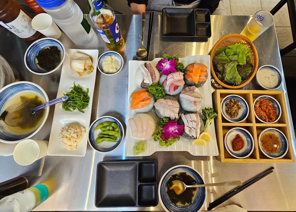 Sashimi table setting with a variety of sauces