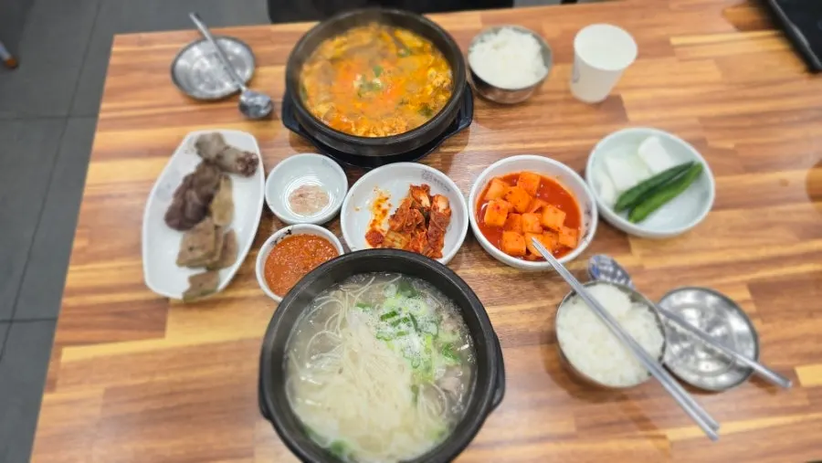 Table set with the ox head gukbap set and traditional yukgaejang