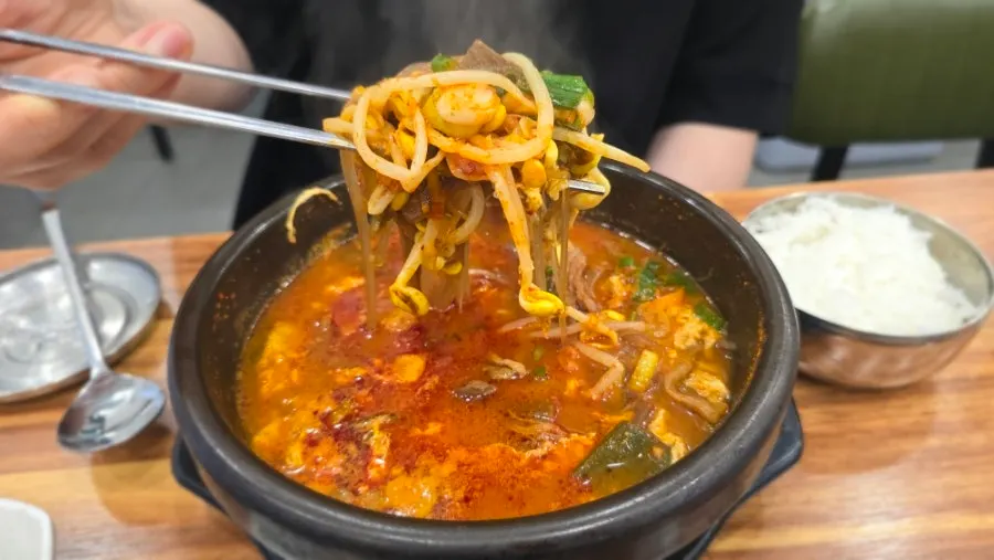 A spoonful of yukgaejang ingredients lifted from the bowl