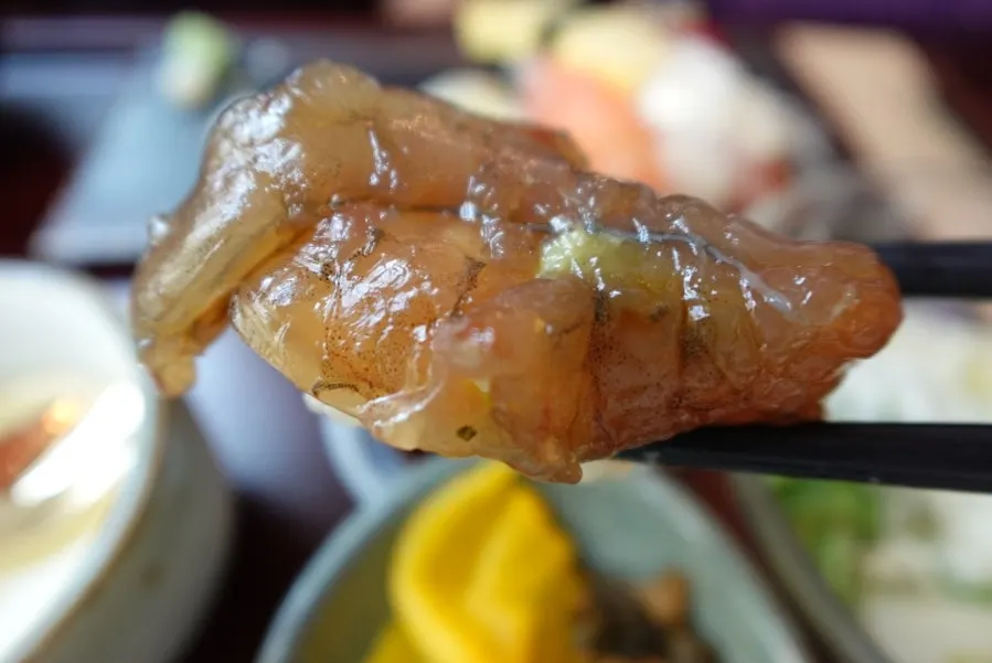 Flounder, salmon, and soy-marinated shrimp sushi