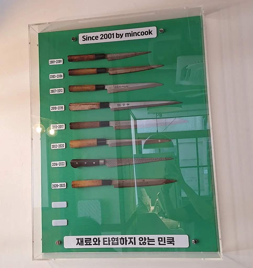 Sashimi knives displayed like framed art on the wall