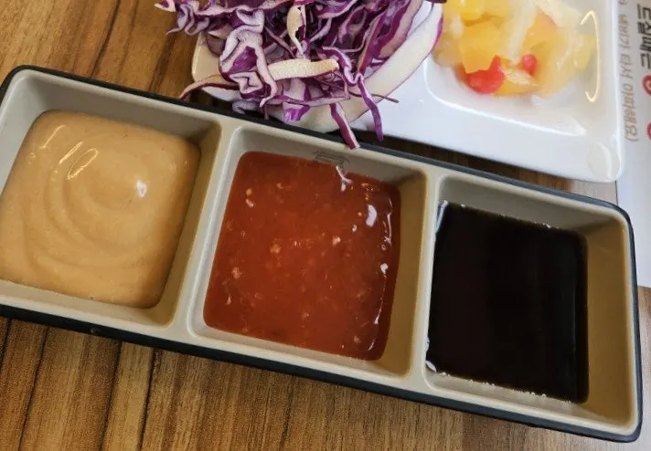 Ponzu, chili, and peanut sauces