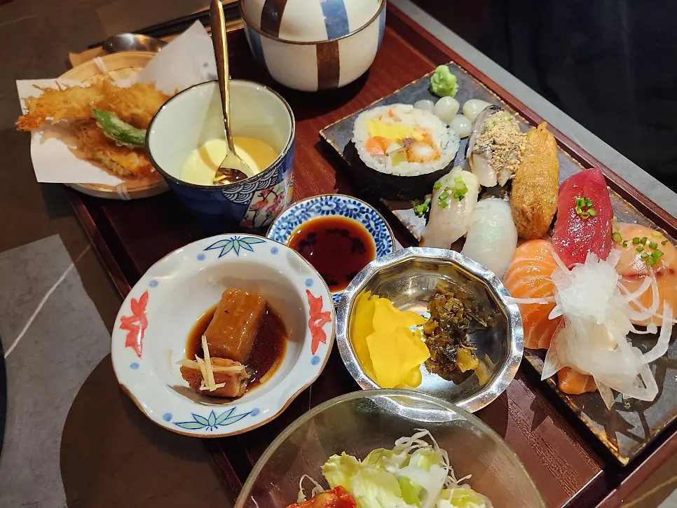 Assorted sushi with flounder, salmon, and tuna