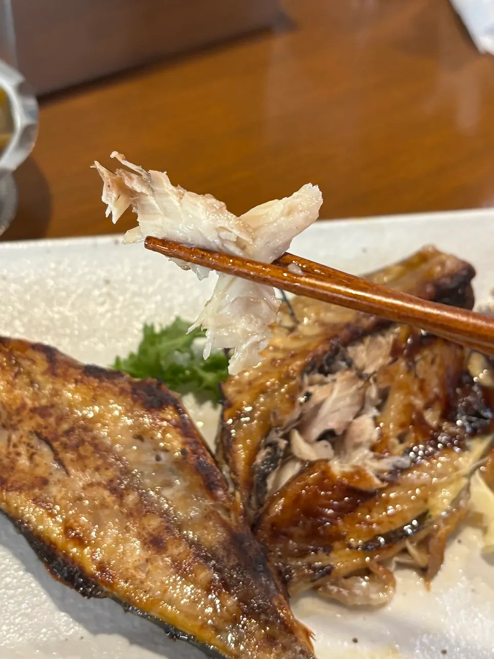 Close-up of the flesh of the miso-grilled mackerel