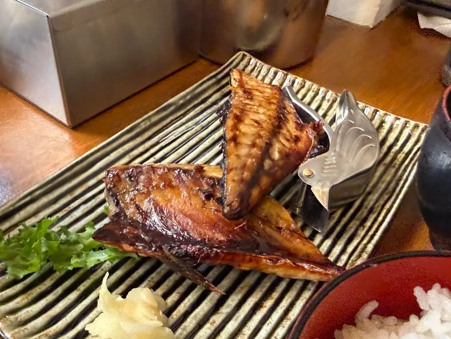 Two plates: grilled salmon neck and miso mackerel