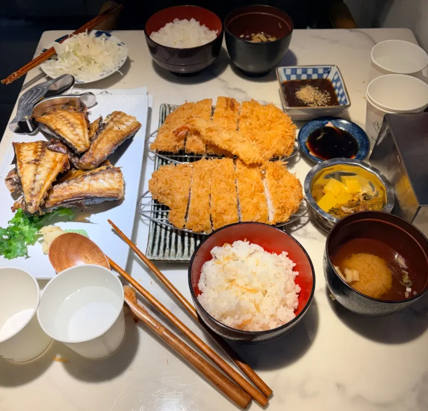 Generous spread of grilled fish and katsu