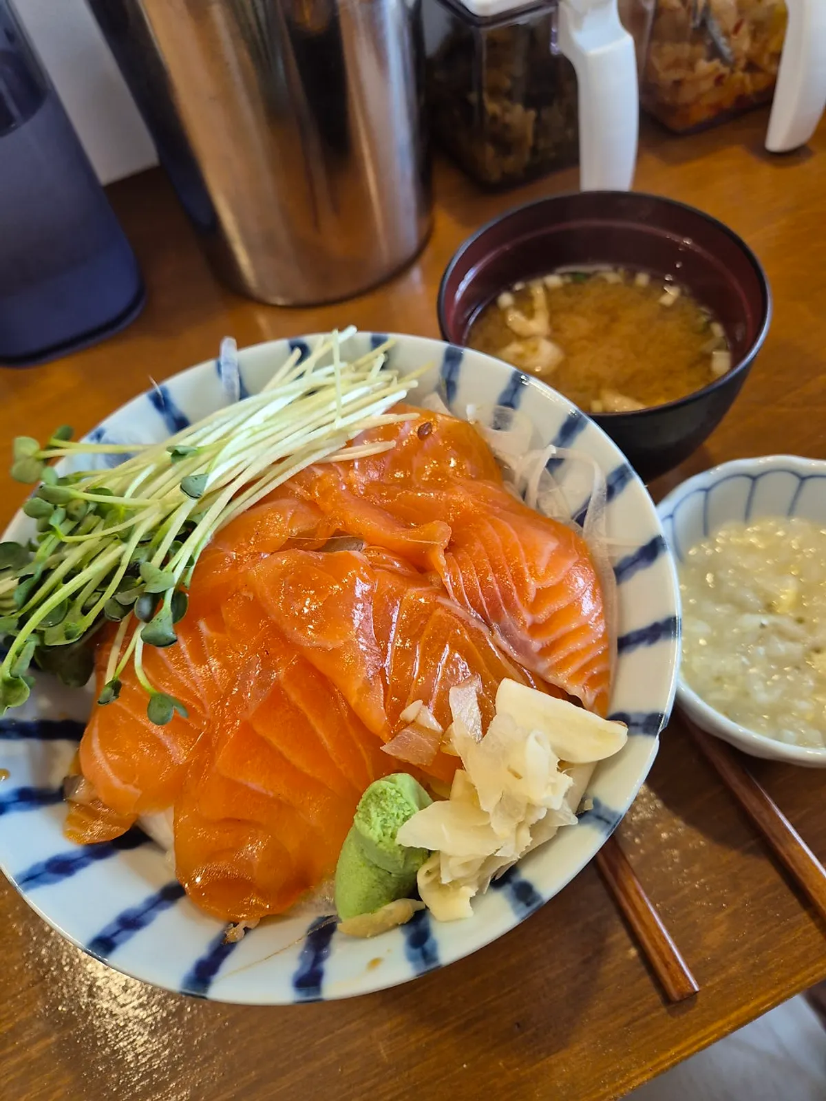 Sake-don with fresh salmon over soy-seasoned rice