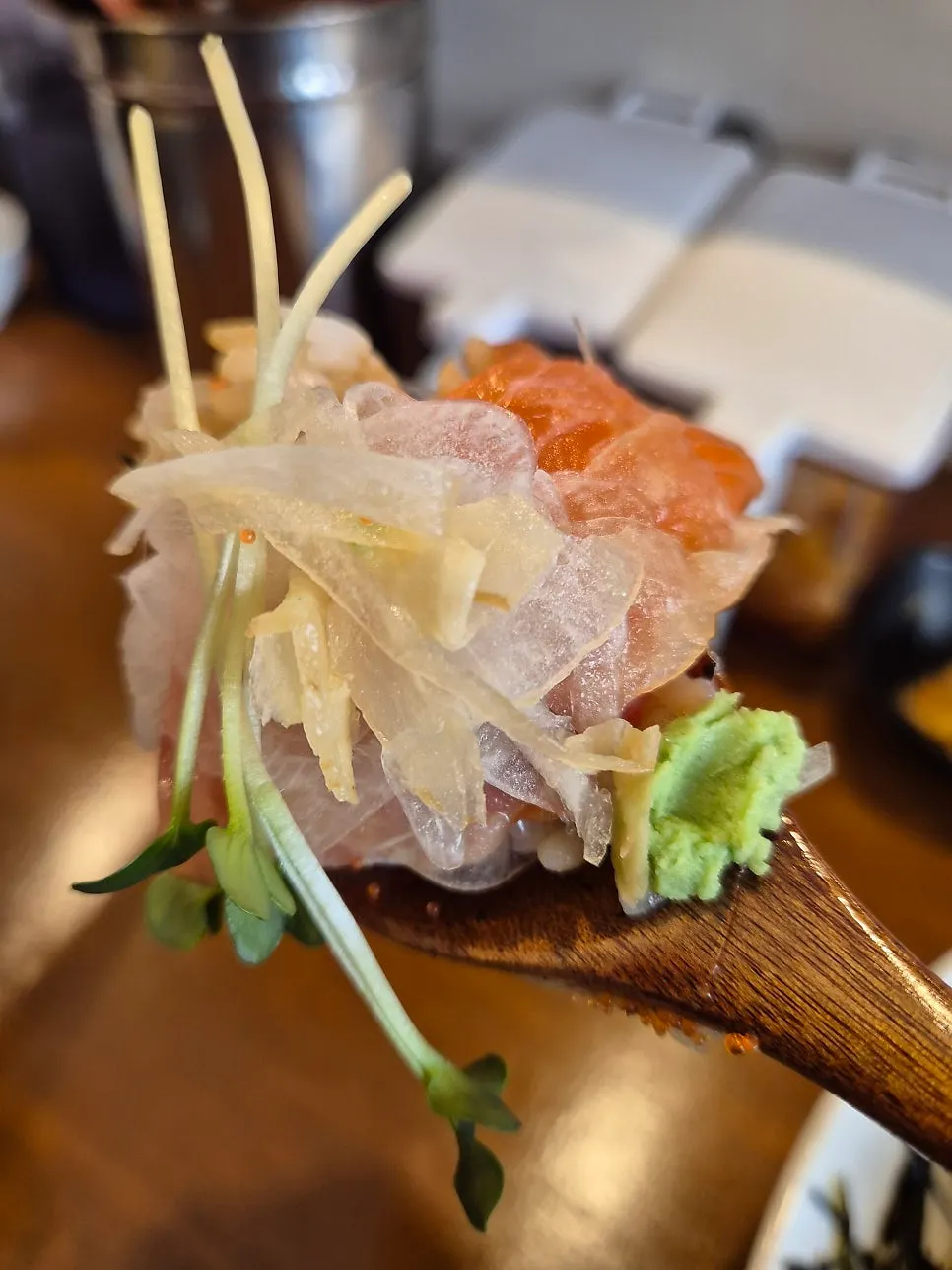 Close-up of tender salmon on the sake-don
