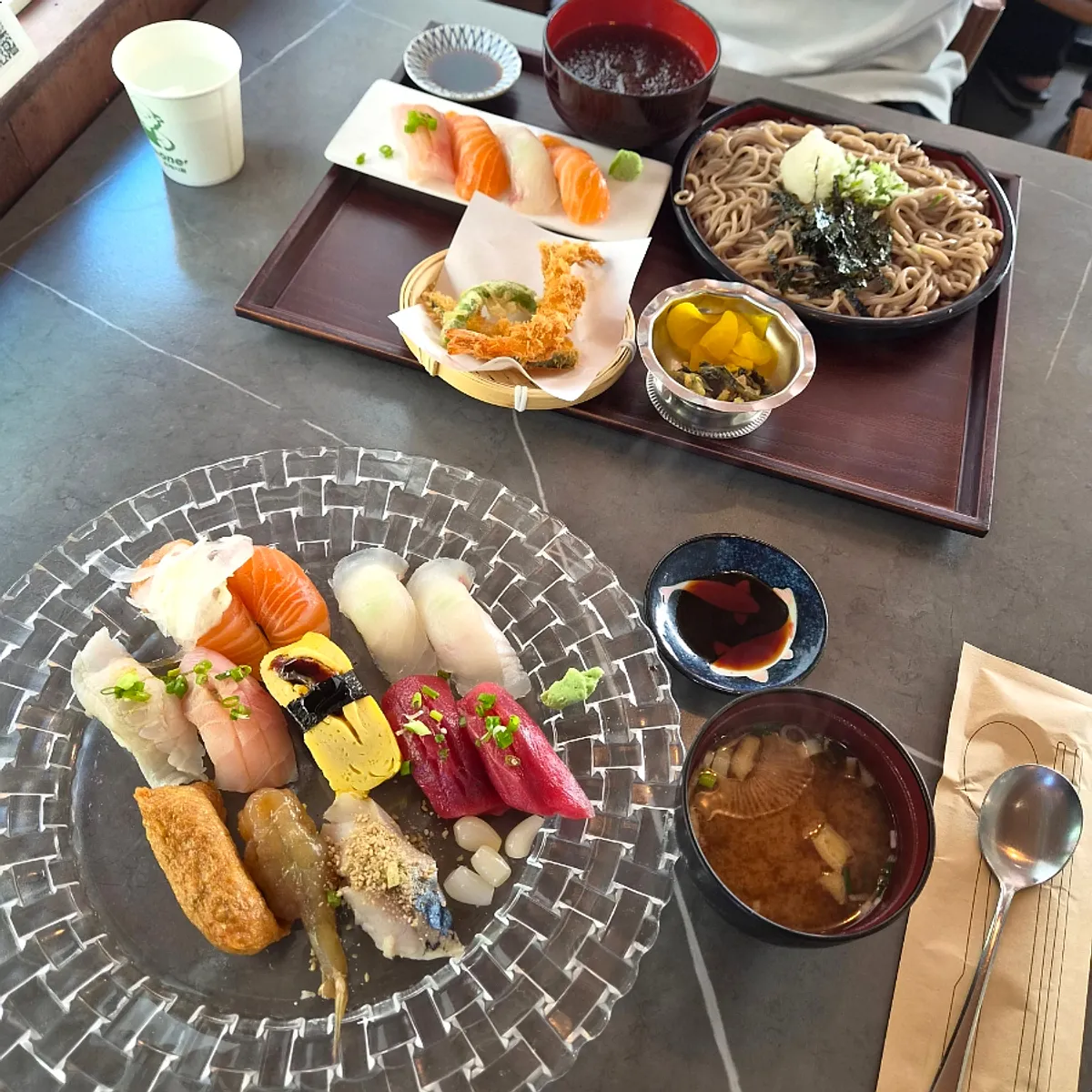 Full spread of the lunch discount soba sushi set
