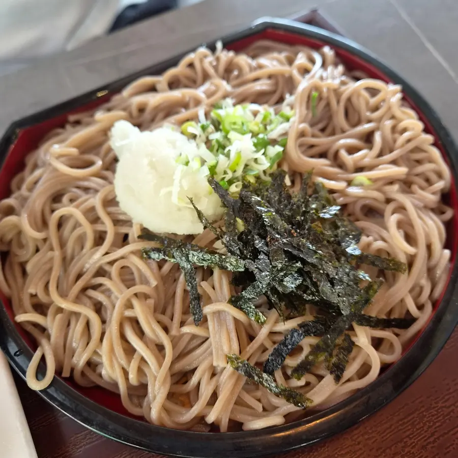 Cold soba topped with seaweed flakes and green onion, with sushi 4pcs