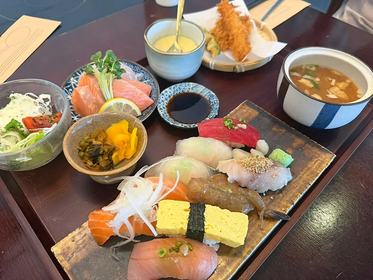 Full spread of the lunch special sushi set