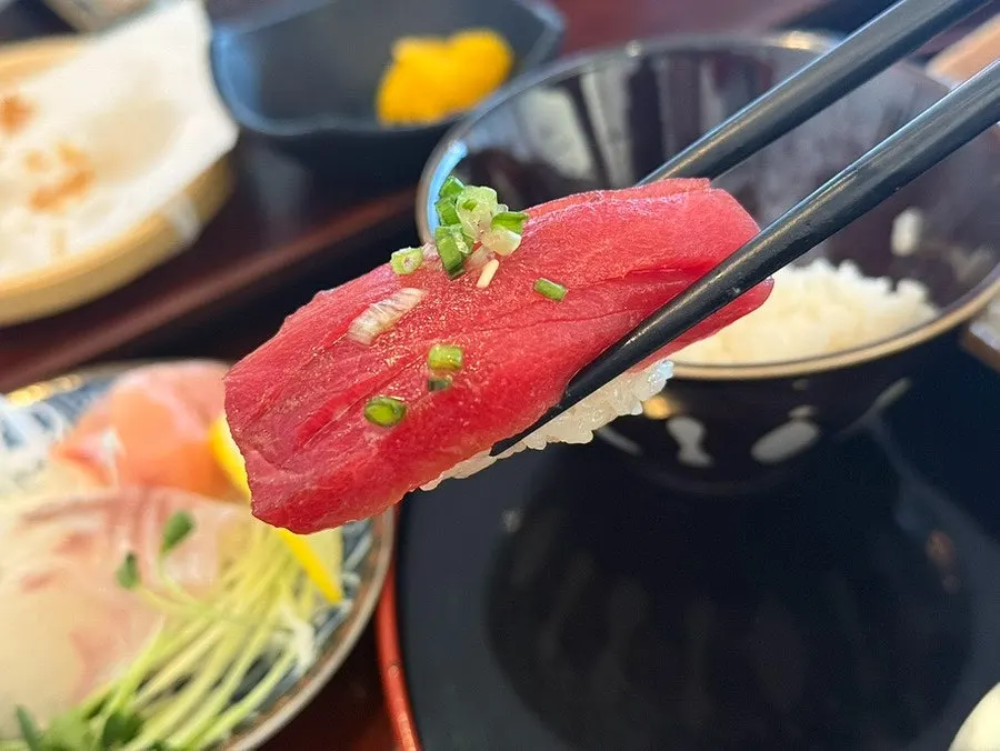 A piece of sushi with good balance between topping and rice