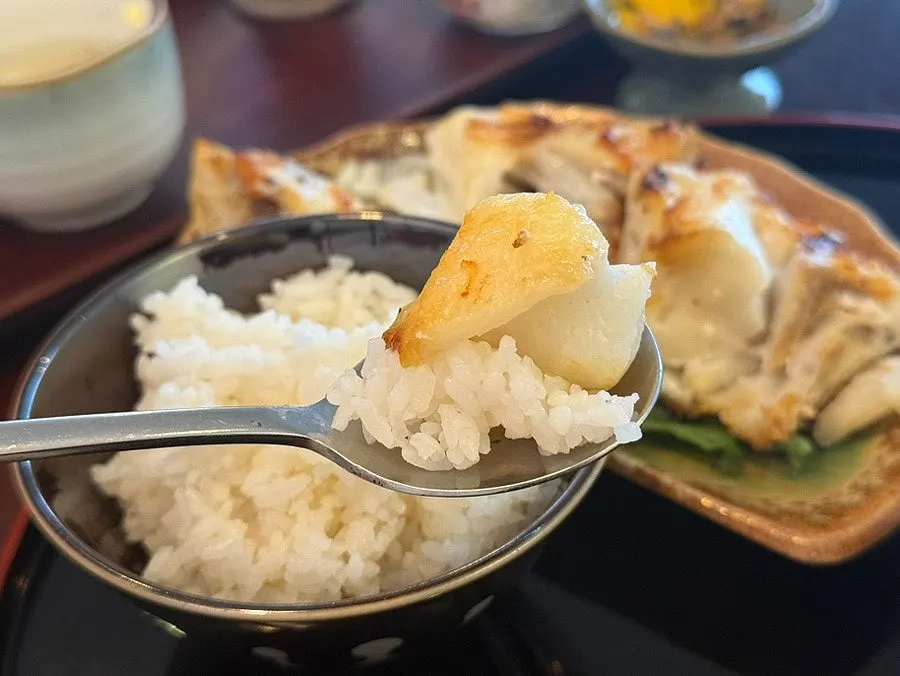 Cross-section of grilled black cod, flesh flaking softly