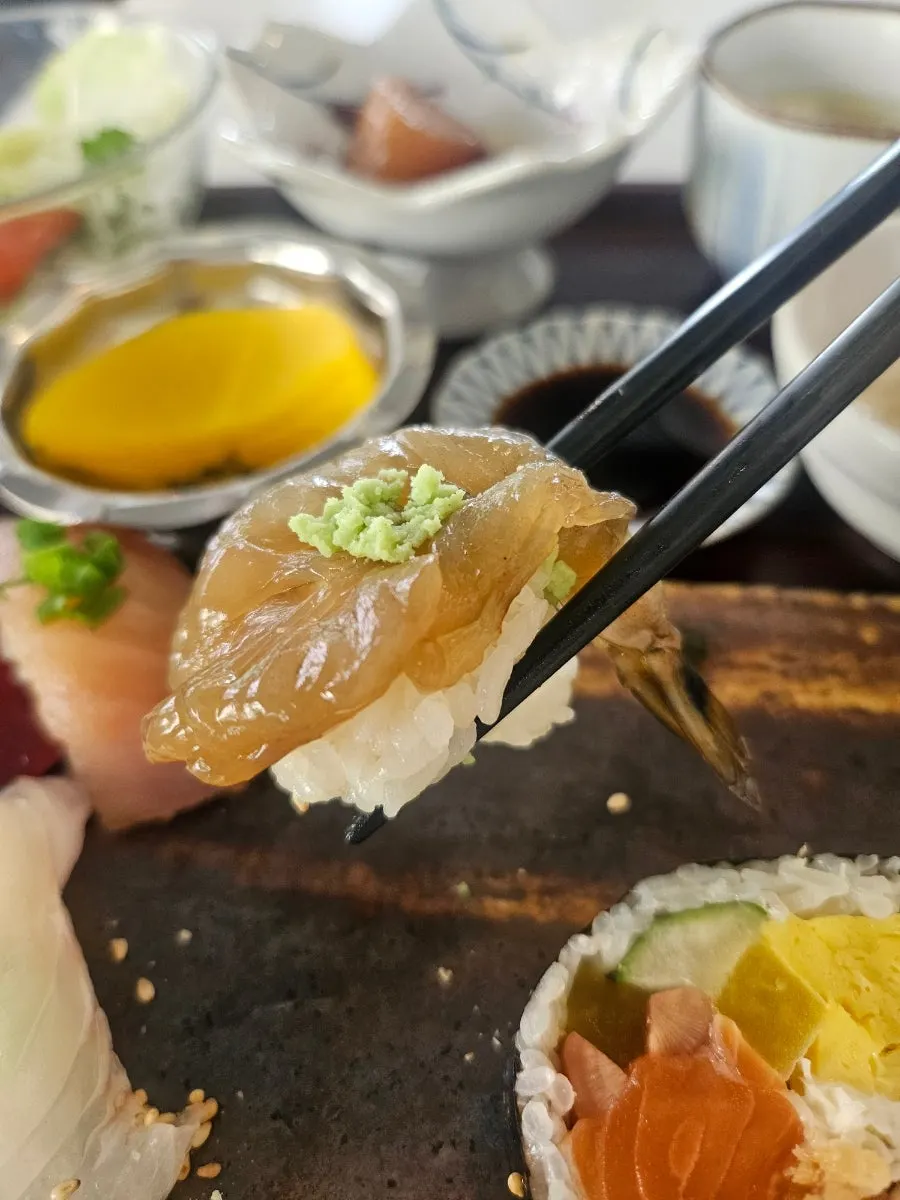 Soy-marinated shrimp sushi and salmon sushi