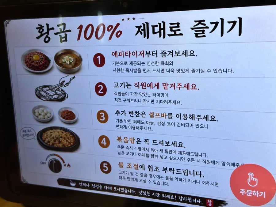 Hwang Gop menu with tips for enjoying the meal