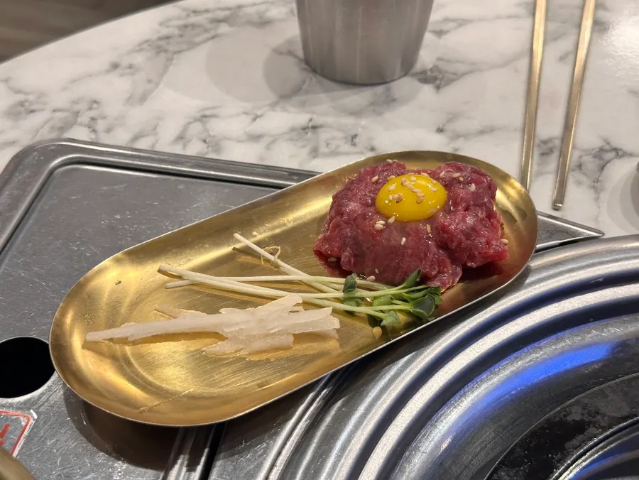 Complimentary plate of yukhoe (beef tartare)