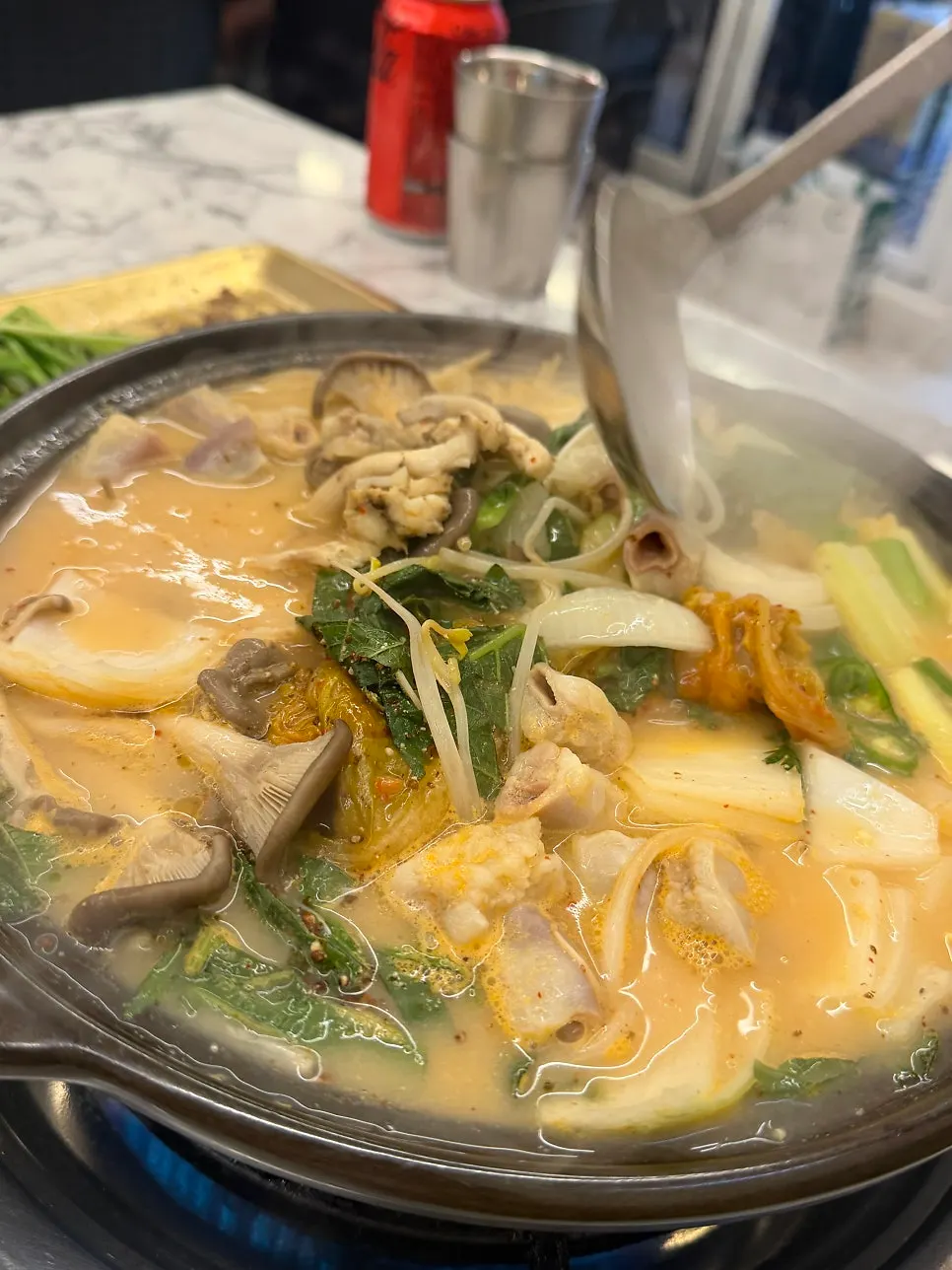 Aged kimchi beef intestine stew boiling