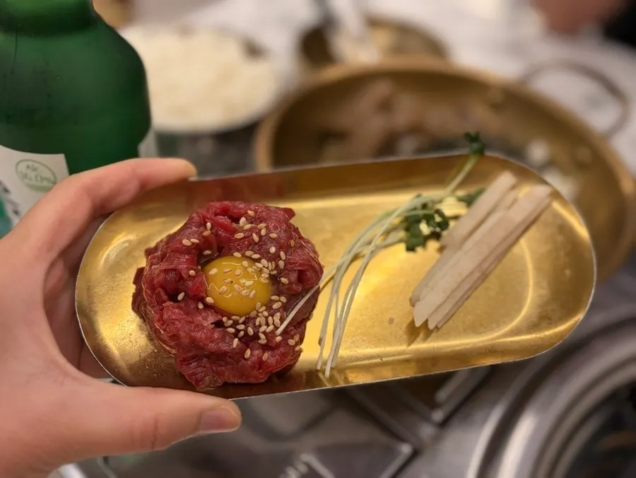 Complimentary yukhoe (beef tartare) taster side dish