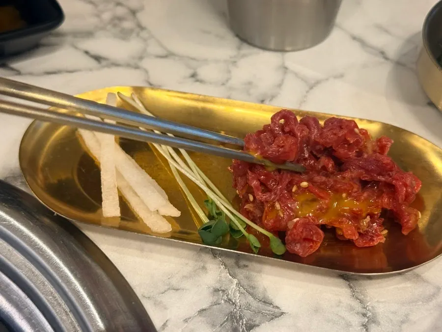 Close-up of grilled beef gopchang full of gop (fat)