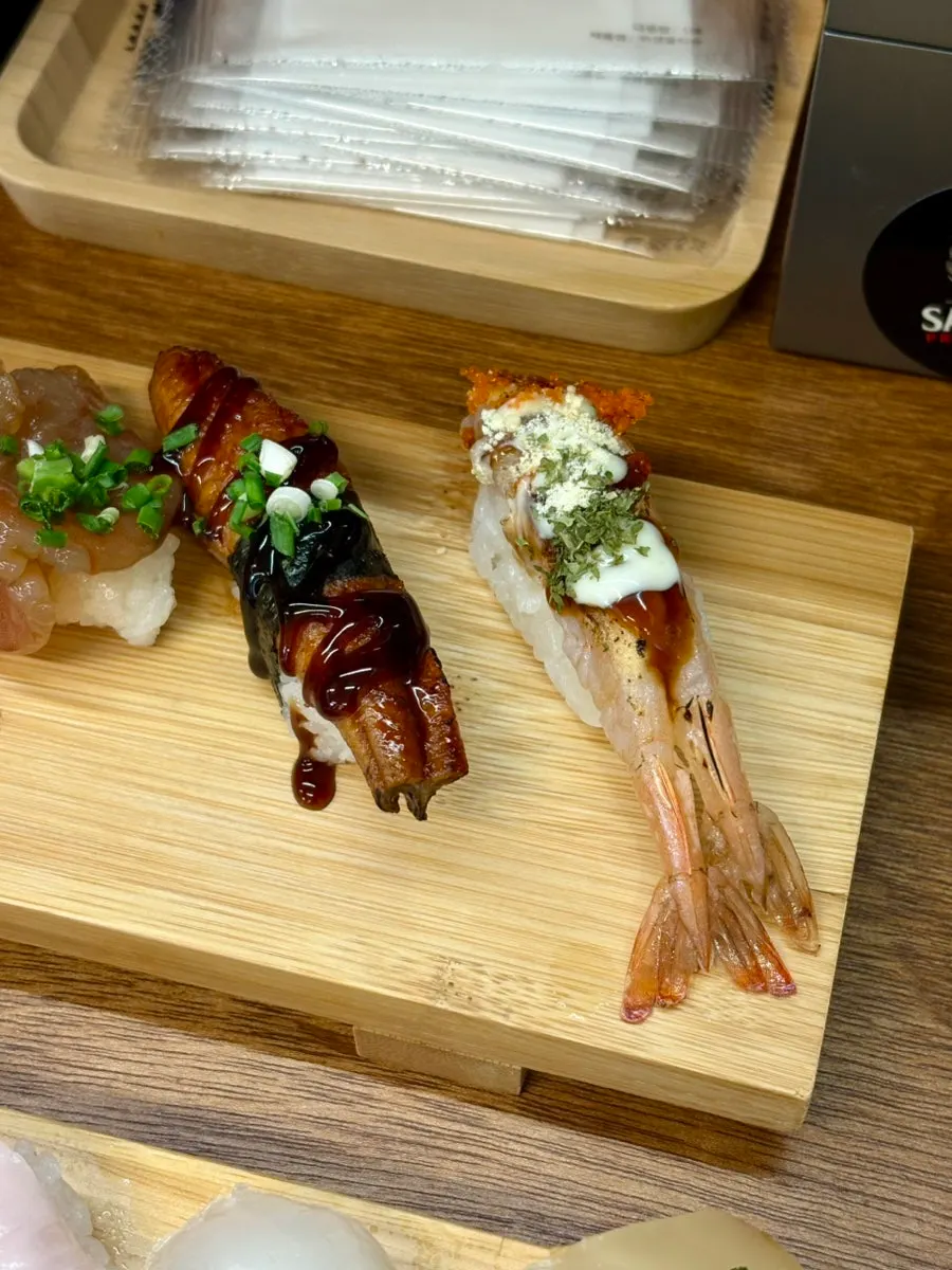 Close-up of eel and grilled shrimp sushi