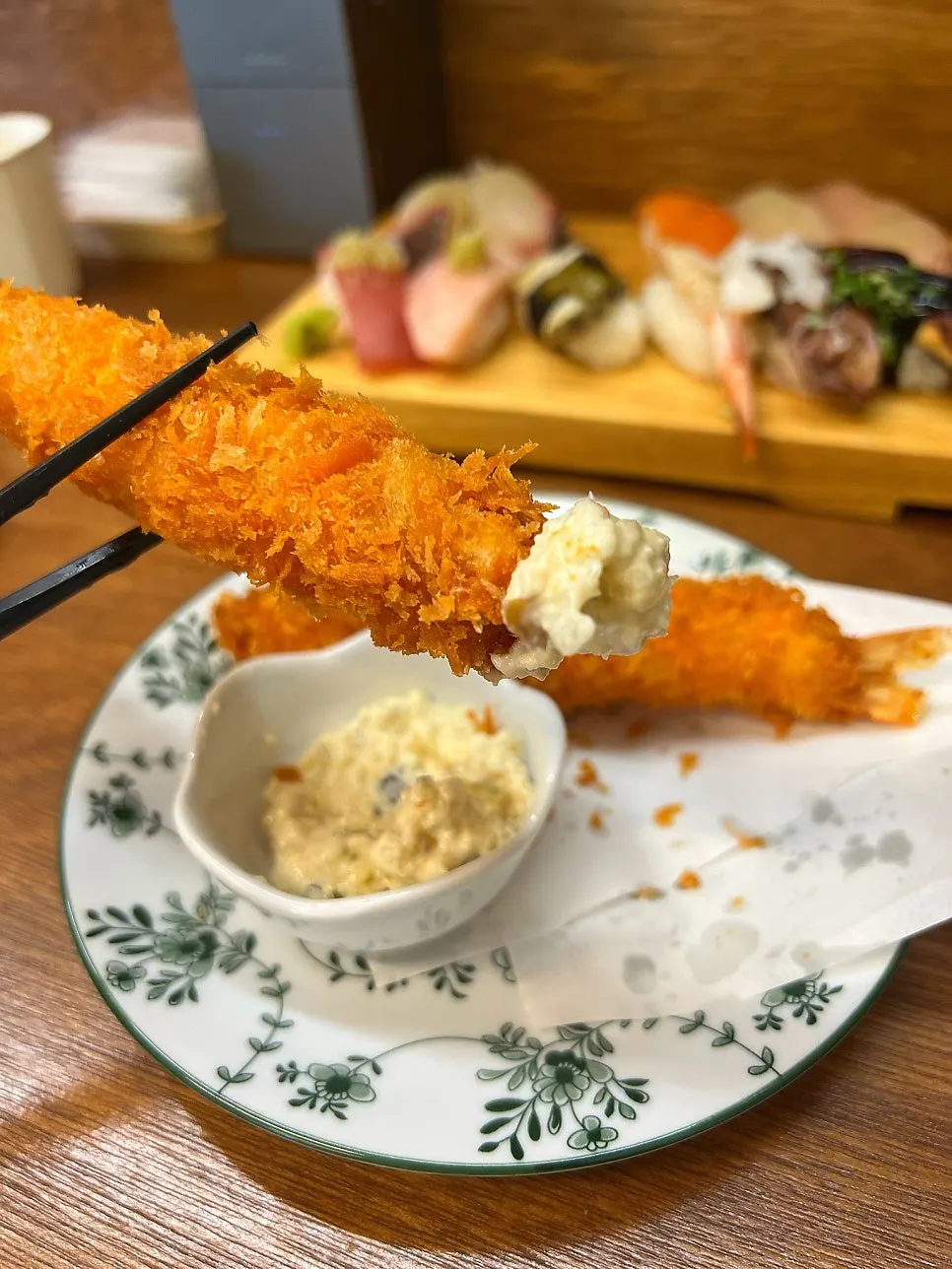 Cross-section of crispy fried king shrimp tempura