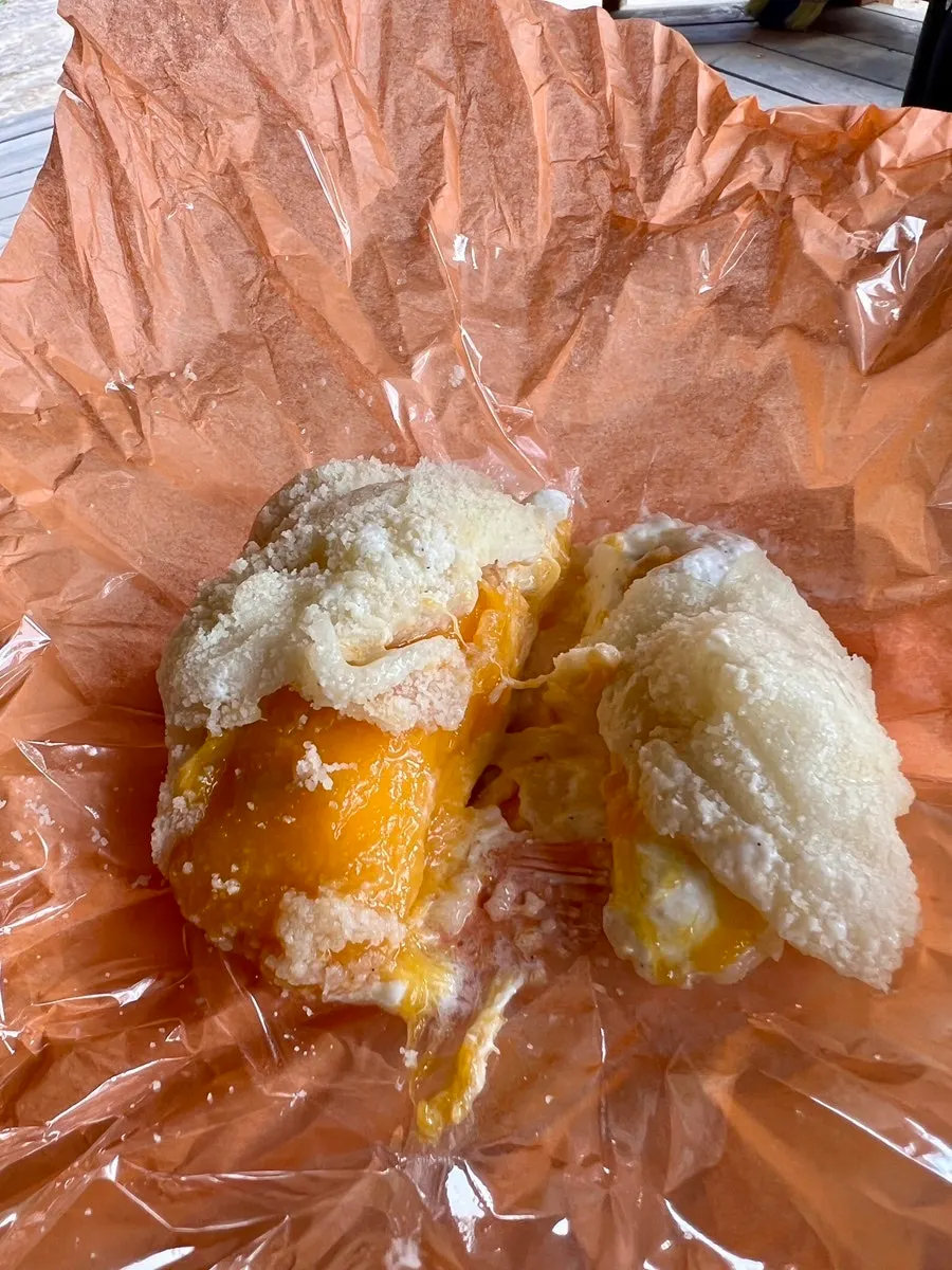 Cross-section of a giant fruit mochi packed with fruit