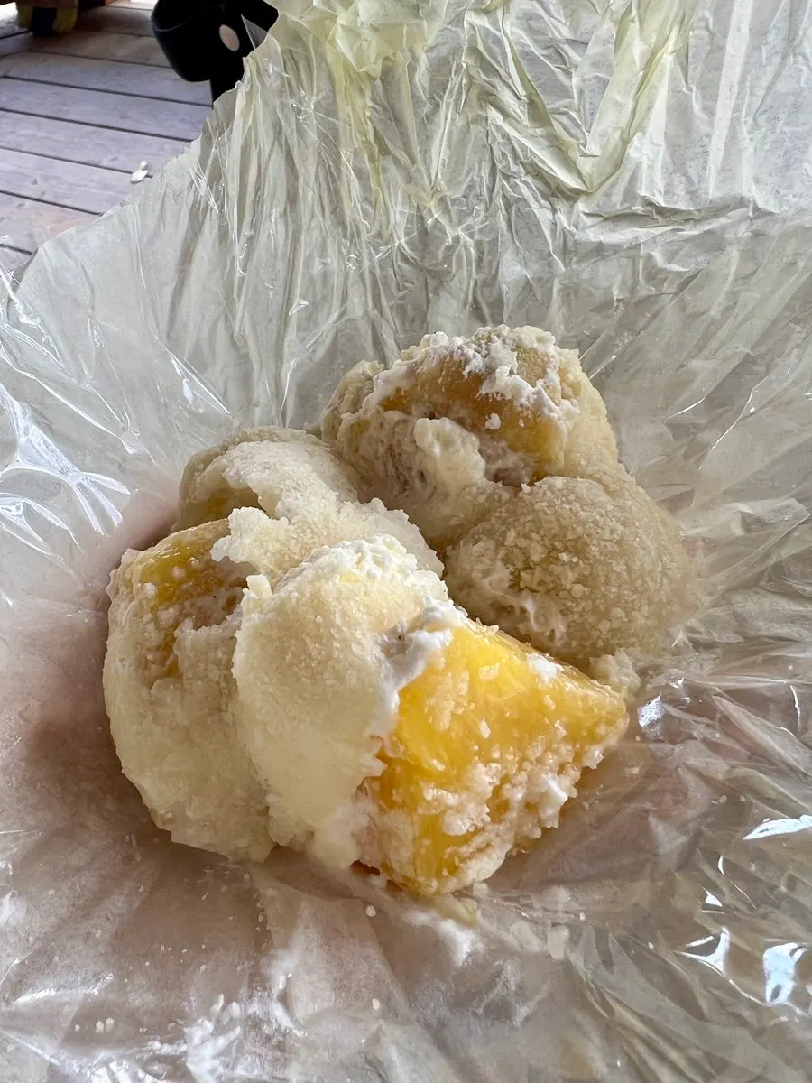 Cross-section of mochi packed with mango