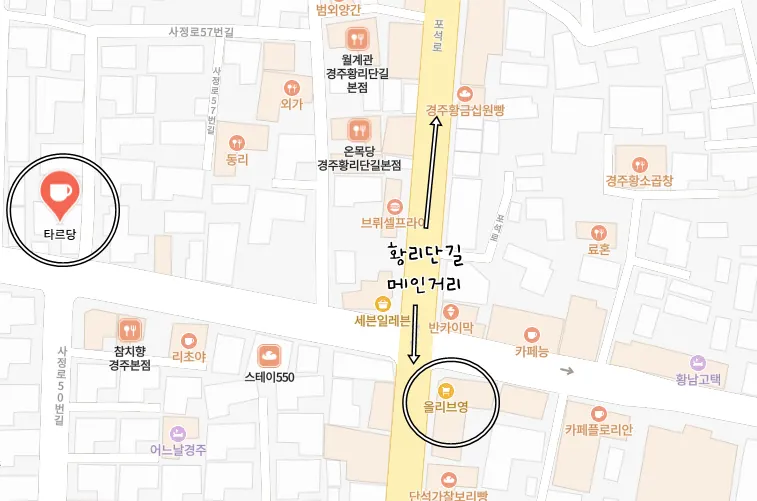 Directions to Tareudang from the Olive Young in Hwangnidang-gil