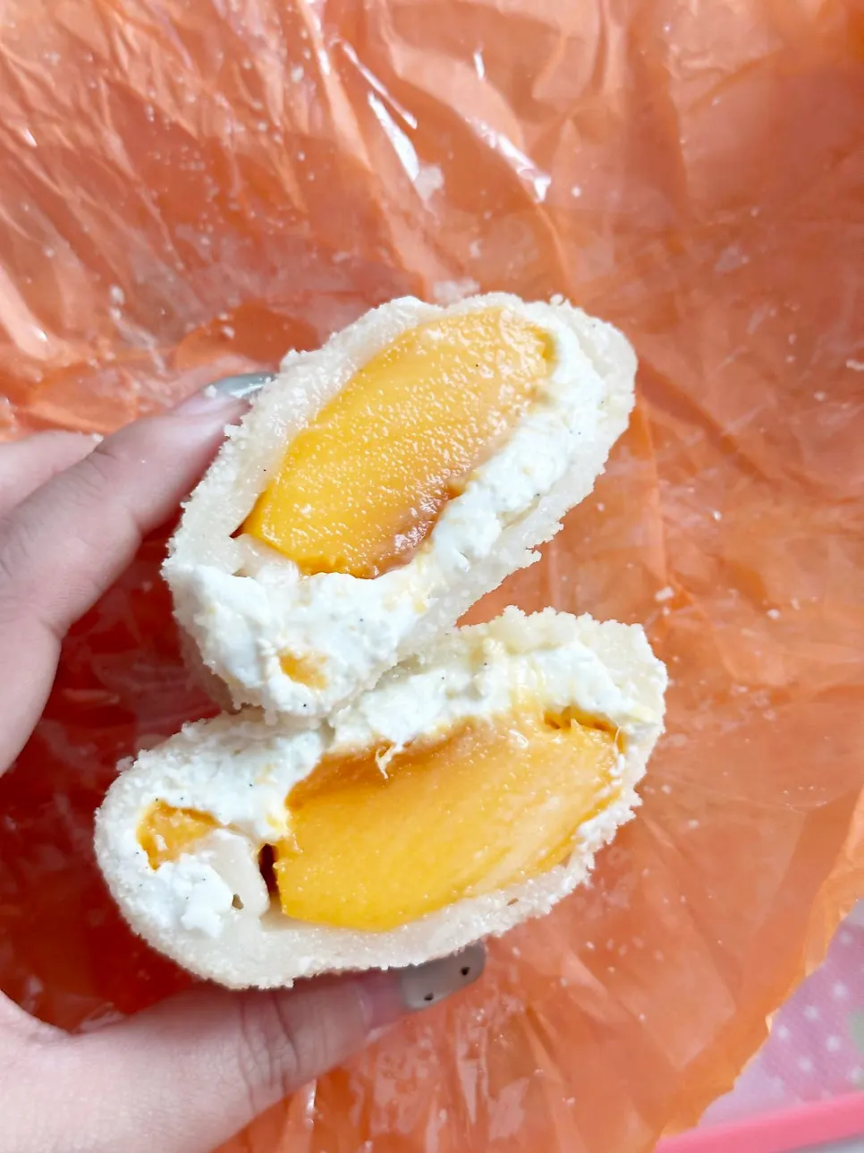 Cross-section of the pineapple mochi cut in half