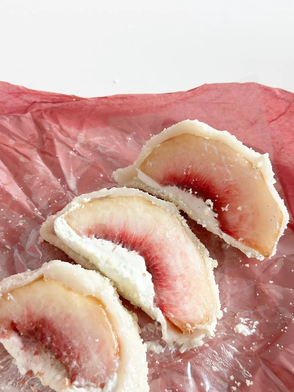 Pink cross-section of the peach mochi