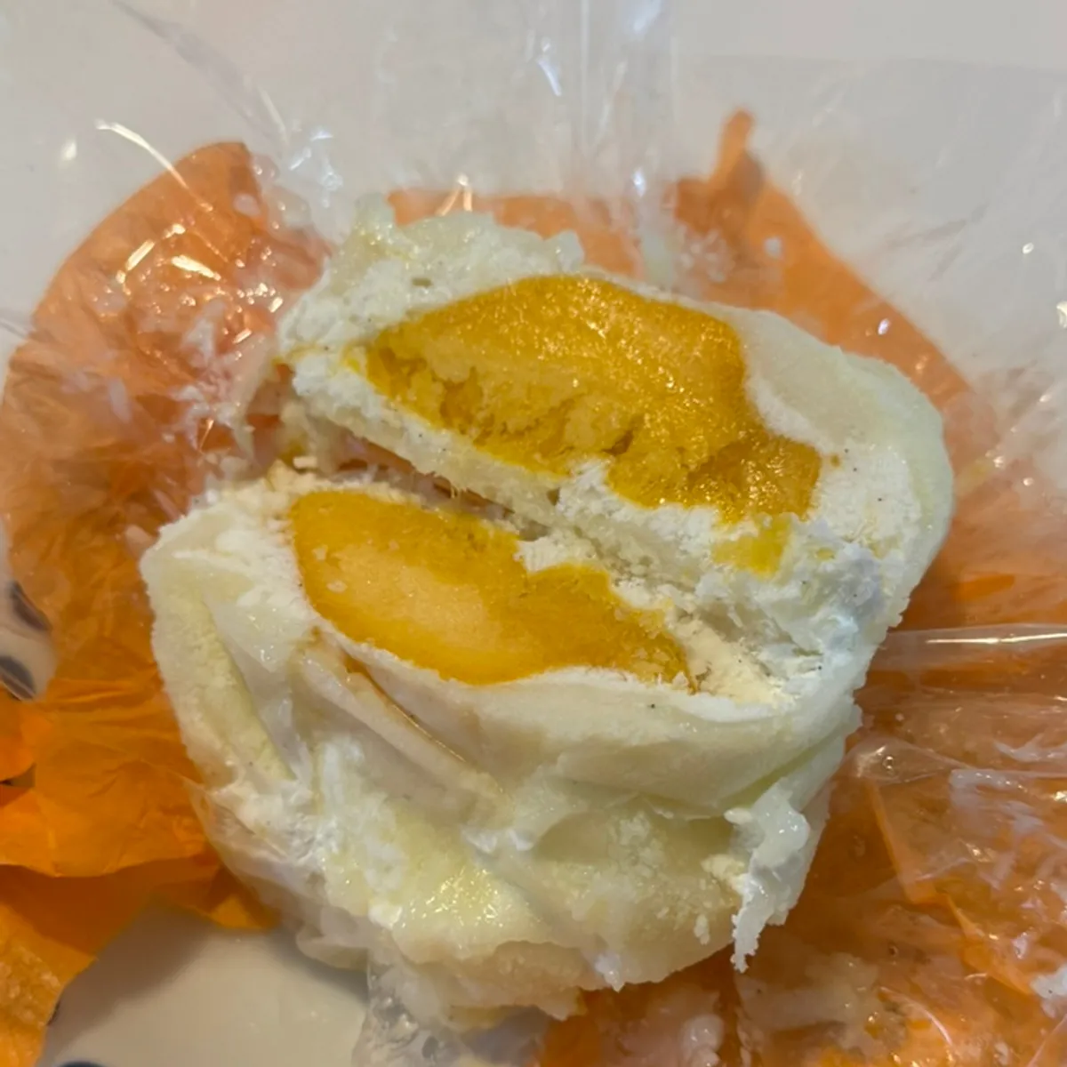 Cross-section of thawed mango yogurt mochi