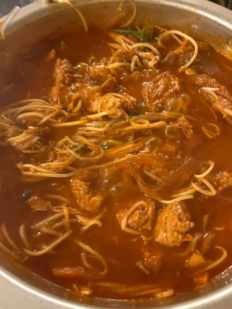 Galbi-jjim with a deepened broth as the vegetables cook down