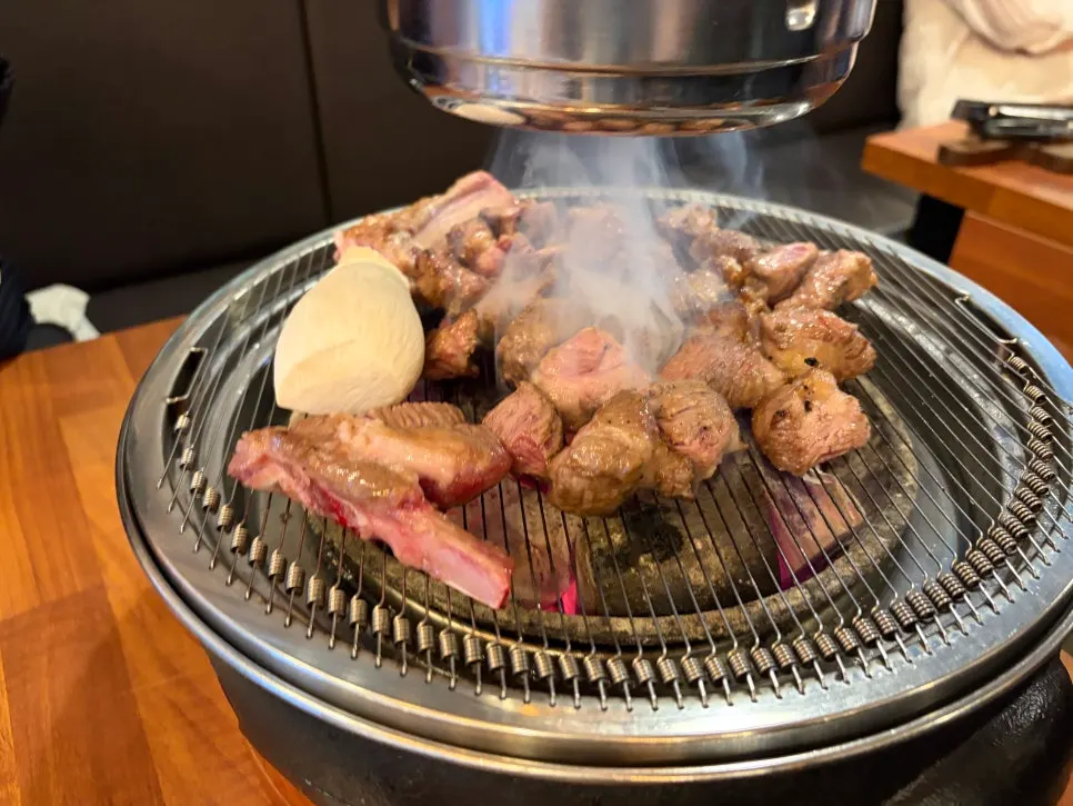 Close-up of lamb ribs grilling