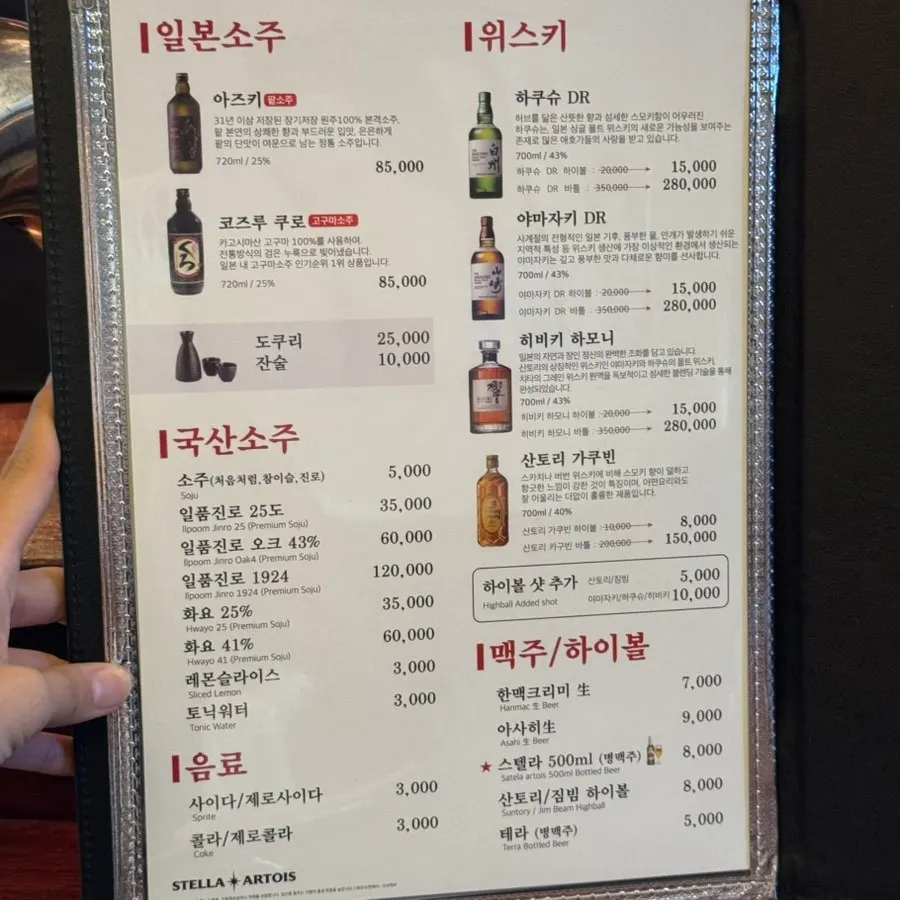 Hwarodam's drink menu with highballs and beer