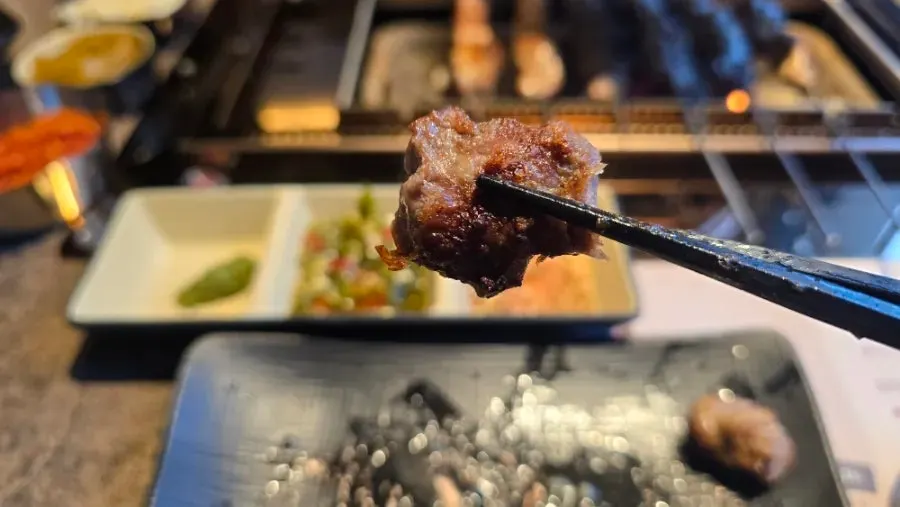 A well-cooked piece of thick lamb skewer