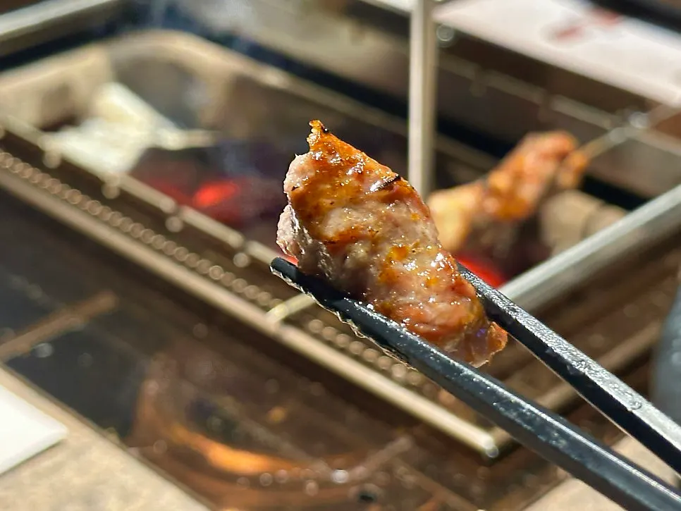 Cross-section of a medium-cooked lamb skewer