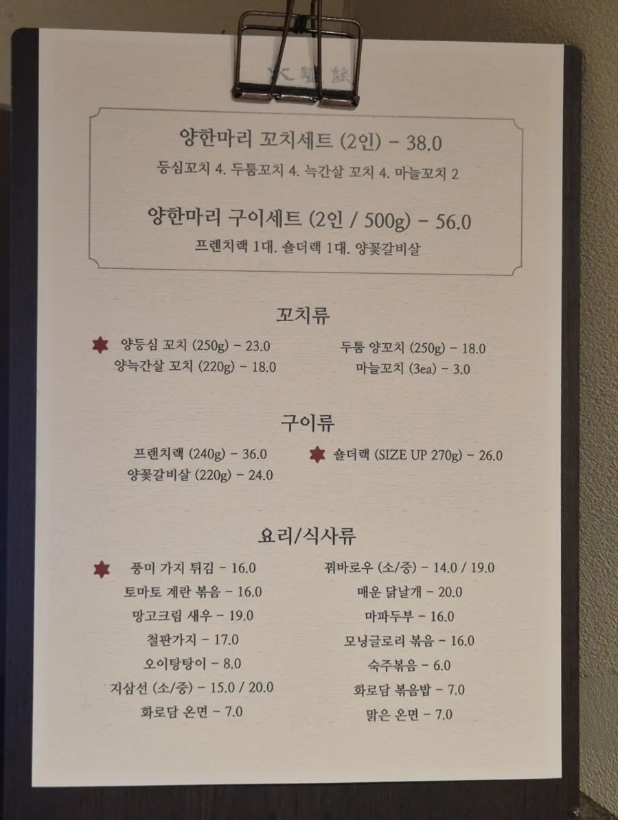 Hwarodam Yang Kkochi menu listing lamb chops, lamb skewers, and sides