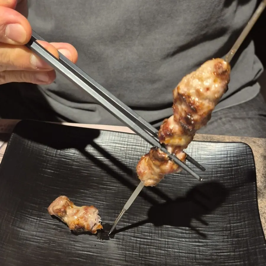 Close-up of thickly cut, well-grilled lamb skewers