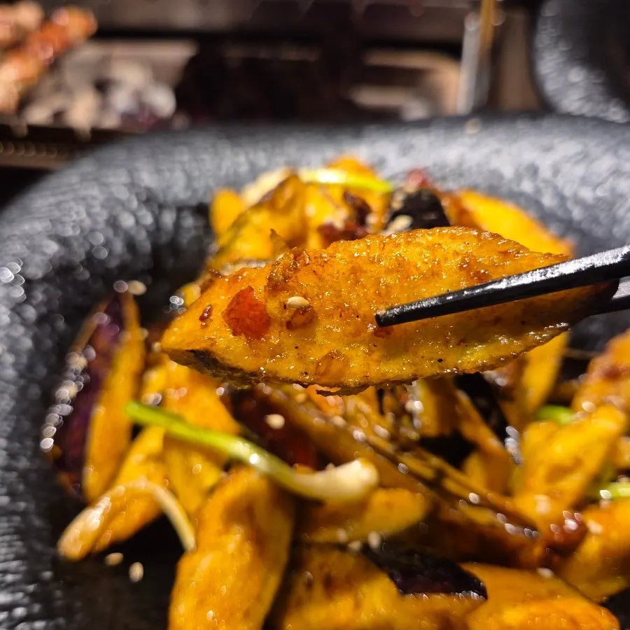 A generous plate of mala eggplant fritters