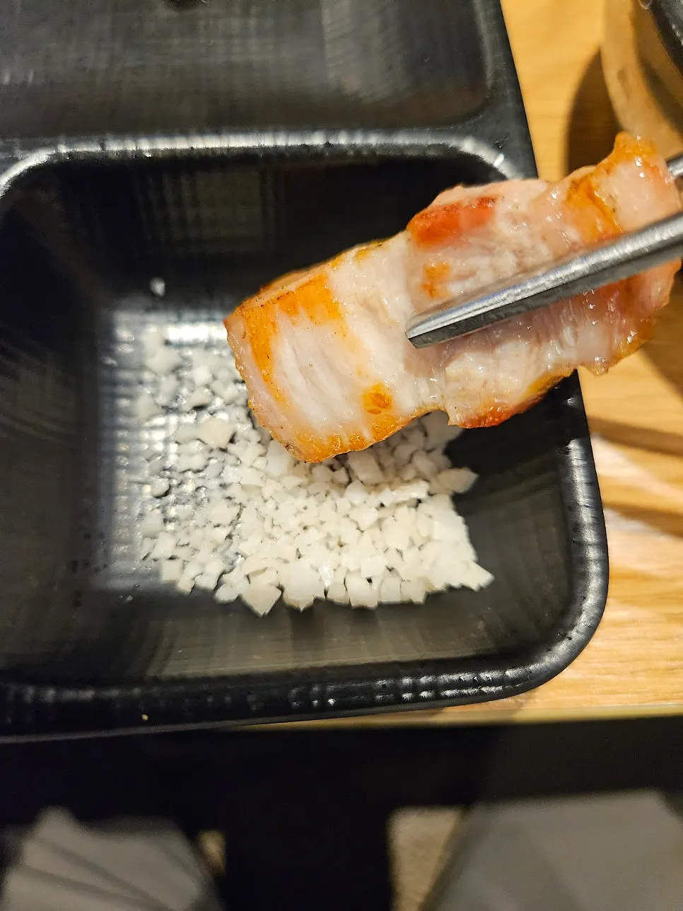 Cross-section of pork belly cut into bite-sized pieces