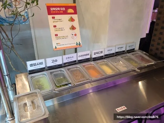 Self-bar with tacos and two types of sauce