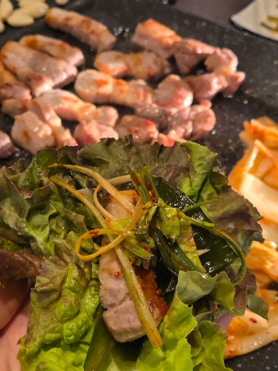 Combo 1 with perilla-leaf radish wrap and shredded scallions