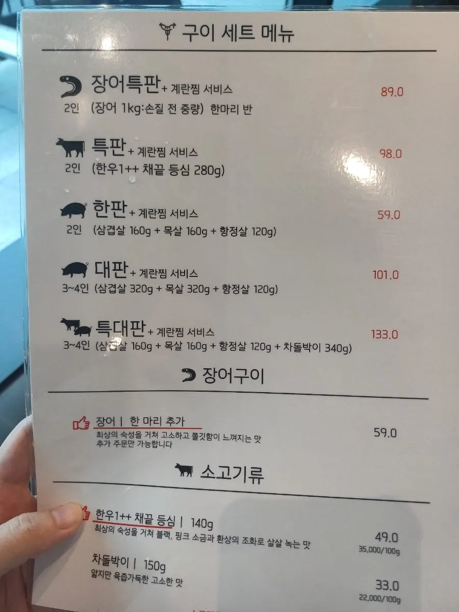 Meat menu board at Hwassi2192 Nam-Yeoju Branch 2